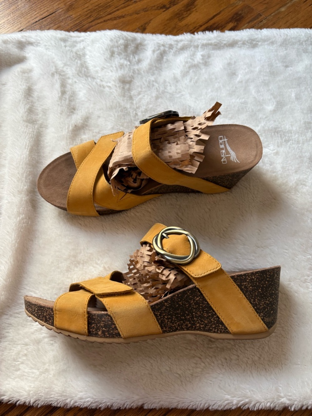 Dansko Mustard Yellow Wedge Sandals with Gold Buckle